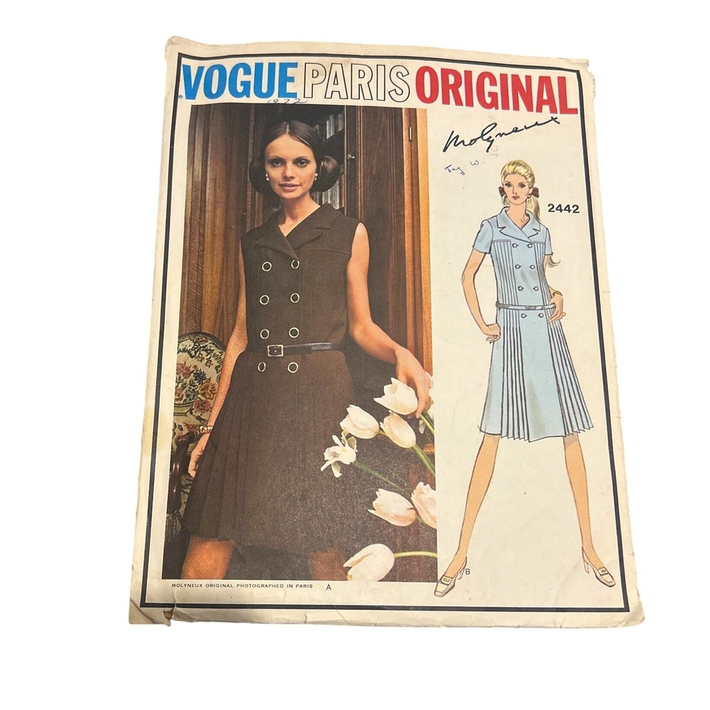 Vogue Paris Original 2442 Molyneux Dress Sewing Pattern Size 10 Vintage 70s
